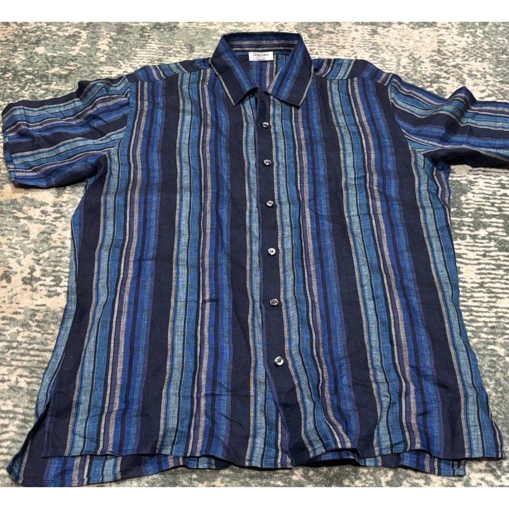 Vintage Gran Sasso Italy Linen Shirt  Large Vertical Shadow Stripe blues